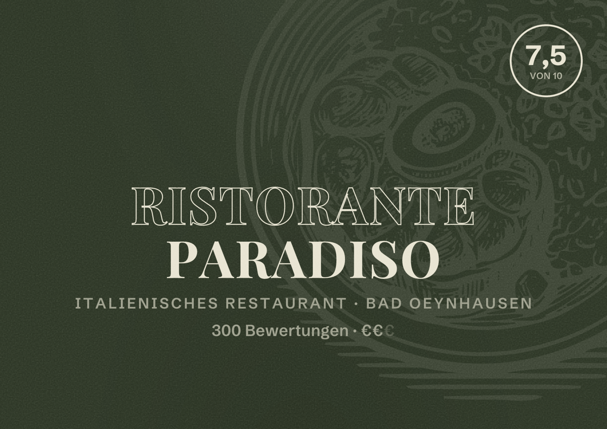 Illustriertes Poster von Ristorante Paradiso, Italienisches Restaurant in Bad Oeynhausen: Bewertung 7,5 von 10 aus 300 Bewertungen, Preisniveau €€