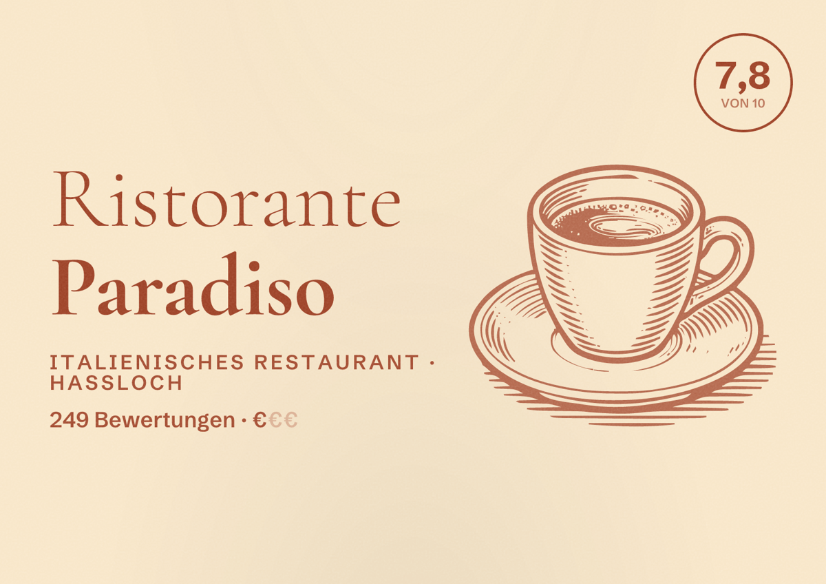 Illustriertes Poster von Ristorante Paradiso, Italienisches Restaurant in Haßloch: Bewertung 7,8 von 10 aus 249 Bewertungen, Preisniveau €