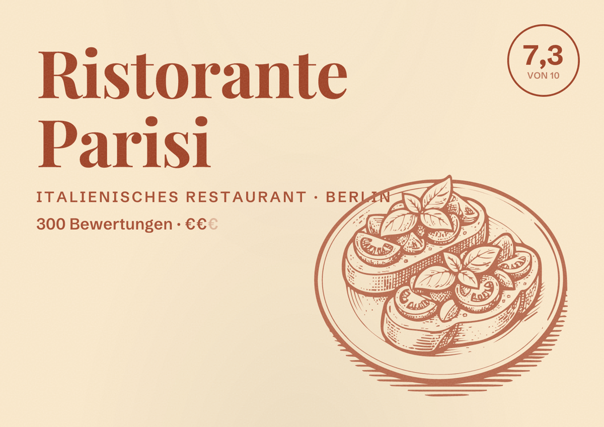 Illustriertes Poster von Ristorante Parisi, Italienisches Restaurant in Berlin: Bewertung 7,3 von 10 aus 300 Bewertungen, Preisniveau €€