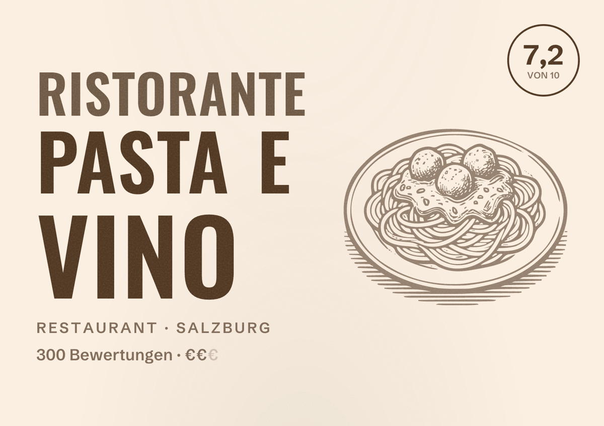 Illustriertes Poster von Ristorante Pasta e Vino, Restaurant in Salzburg: Bewertung 7,2 von 10 aus 300 Bewertungen, Preisniveau €€