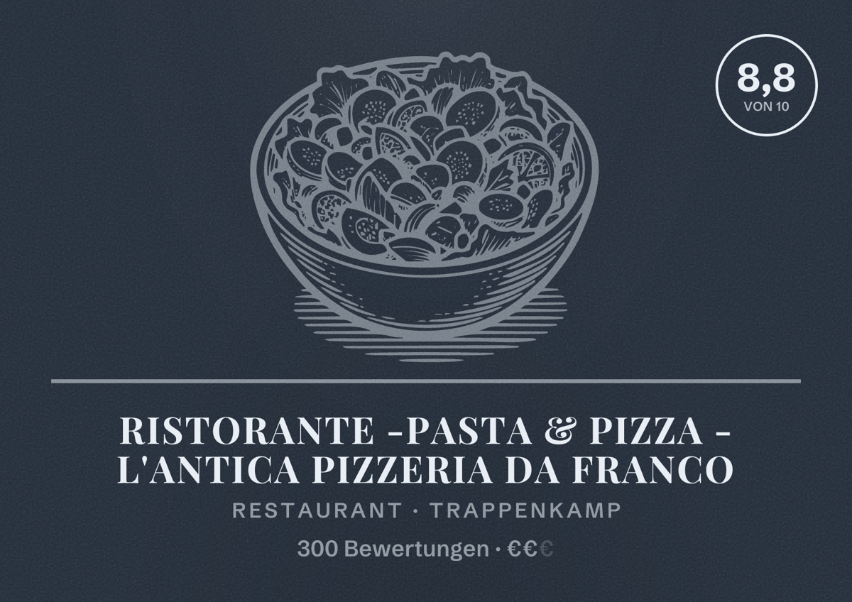 Illustriertes Poster von RISTORANTE -PASTA & PIZZA - L'Antica Pizzeria da Franco, Restaurant in Trappenkamp: Bewertung 8,8 von 10 aus 300 Bewertungen, Preisniveau €€