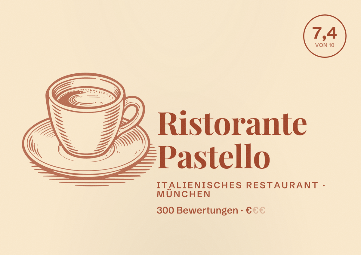 Illustriertes Poster von Ristorante Pastello, Italienisches Restaurant in München: Bewertung 7,4 von 10 aus 300 Bewertungen, Preisniveau €