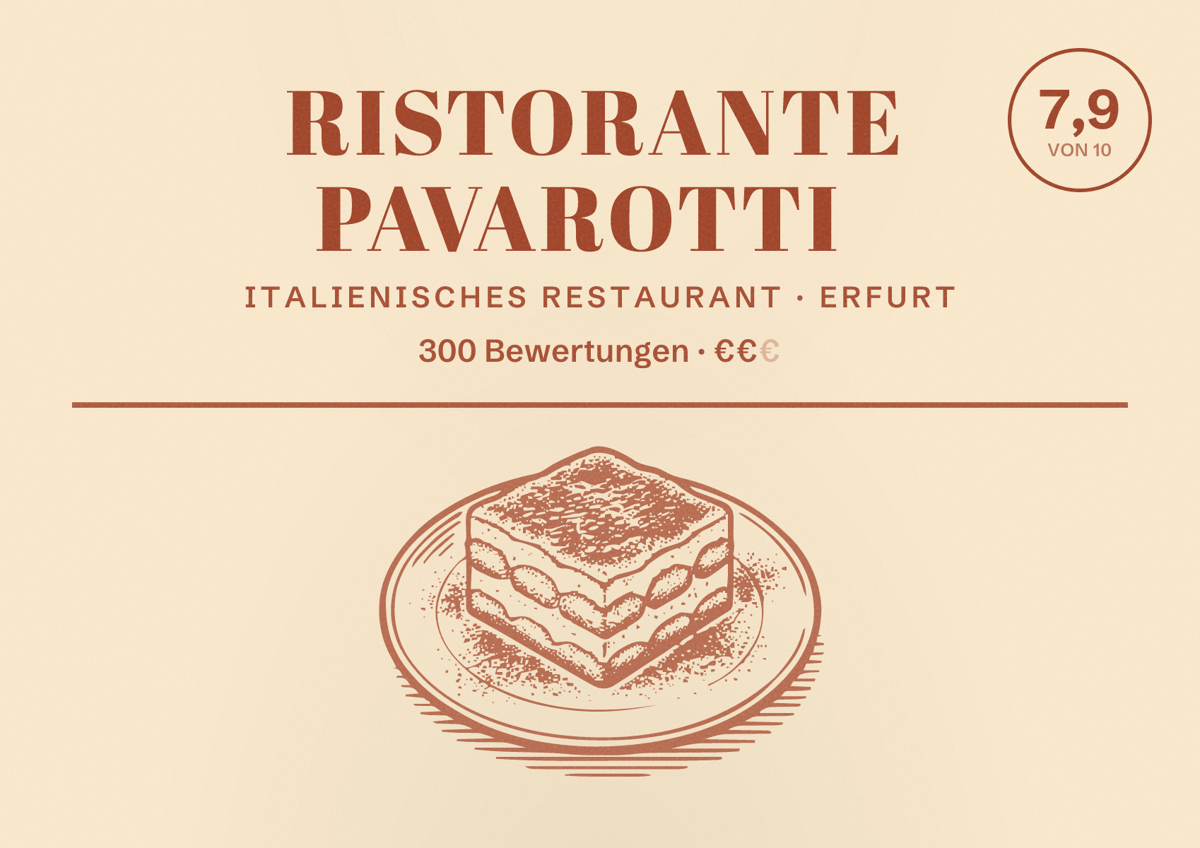 Illustriertes Poster von Ristorante Pavarotti, Italienisches Restaurant in Erfurt: Bewertung 7,9 von 10 aus 300 Bewertungen, Preisniveau €€