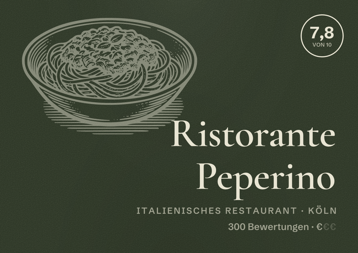 Illustriertes Poster von Ristorante Peperino, Italienisches Restaurant in Köln: Bewertung 7,8 von 10 aus 300 Bewertungen, Preisniveau €