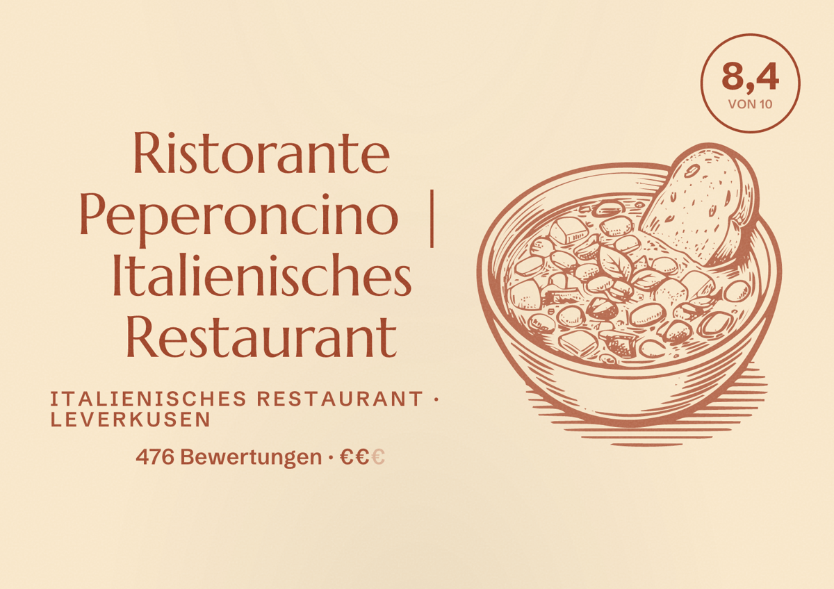 Illustriertes Poster von Ristorante Peperoncino | Italienisches Restaurant, Italienisches Restaurant in Leverkusen: Bewertung 8,4 von 10 aus 476 Bewertungen, Preisniveau €€