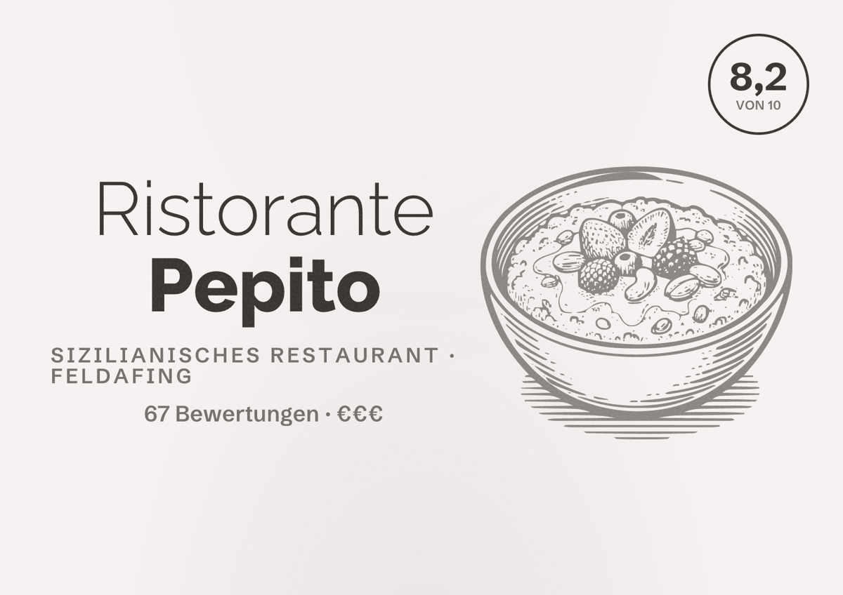 Illustriertes Poster von Ristorante Pepito, Sizilianisches Restaurant in Feldafing: Bewertung 8,2 von 10 aus 67 Bewertungen, Preisniveau €€€