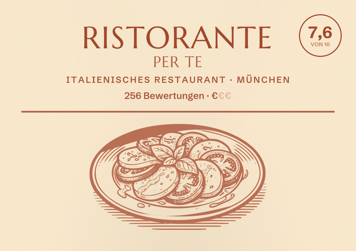 Illustriertes Poster von Ristorante Per Te, Italienisches Restaurant in München: Bewertung 7,6 von 10 aus 256 Bewertungen, Preisniveau €