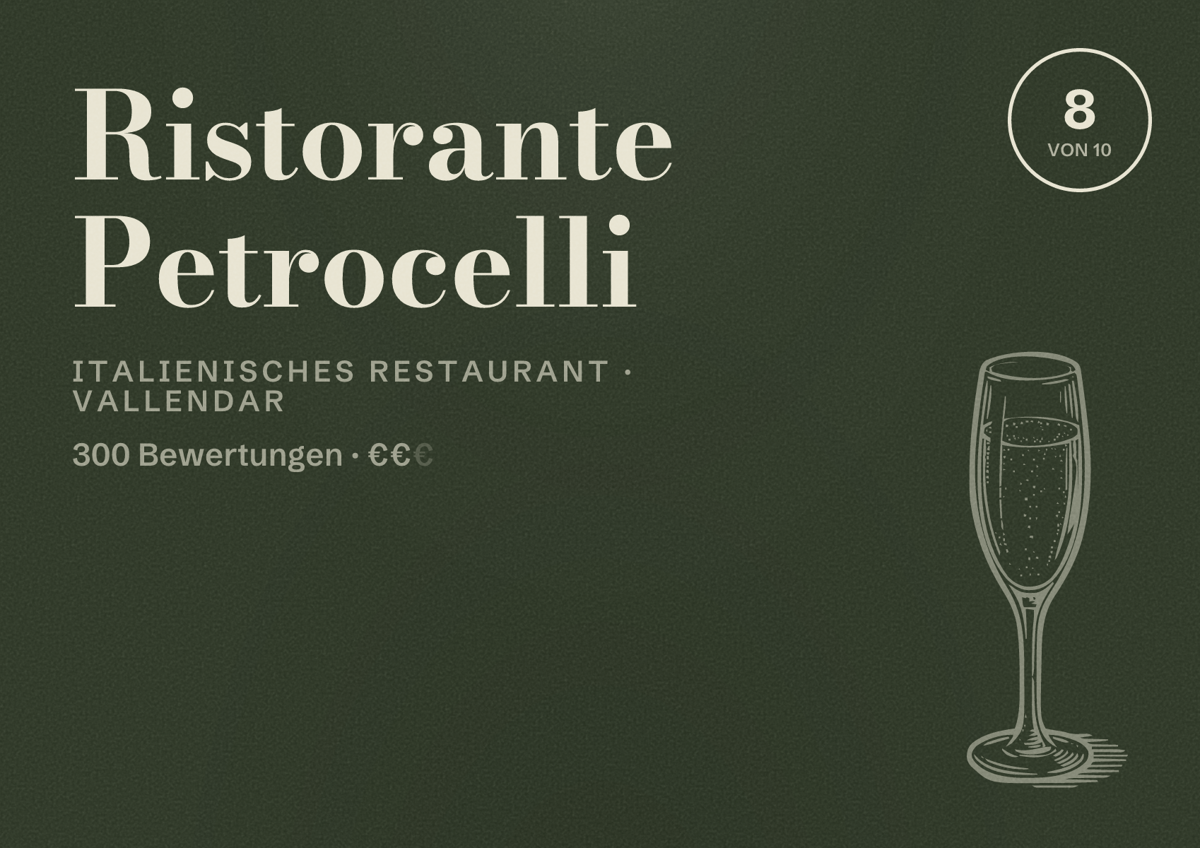 Illustriertes Poster von Ristorante Petrocelli, Italienisches Restaurant in Vallendar: Bewertung 8 von 10 aus 300 Bewertungen, Preisniveau €€