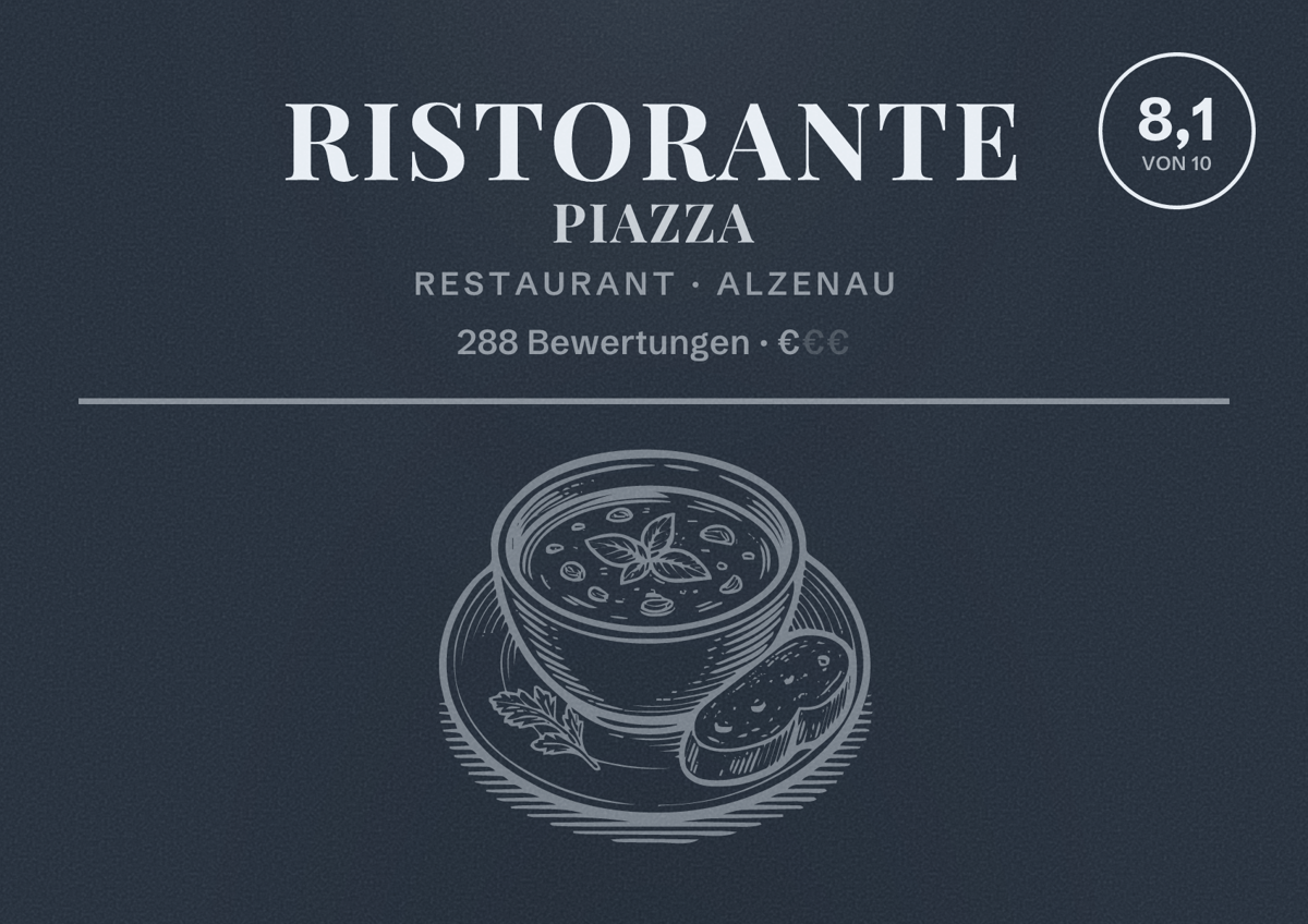 Illustriertes Poster von Ristorante Piazza, Restaurant in Alzenau: Bewertung 8,1 von 10 aus 288 Bewertungen, Preisniveau €