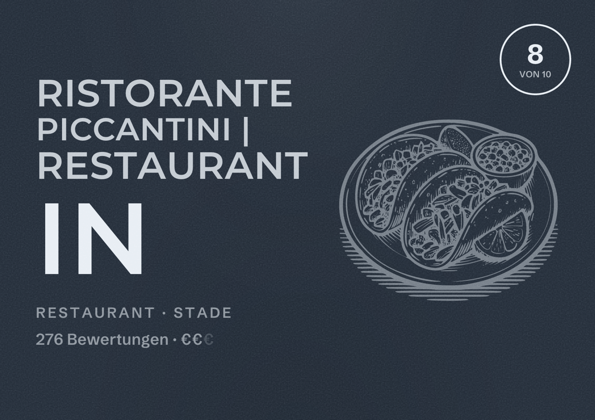 Illustriertes Poster von Ristorante Piccantini | Restaurant in, Restaurant in Stade: Bewertung 8 von 10 aus 276 Bewertungen, Preisniveau €€