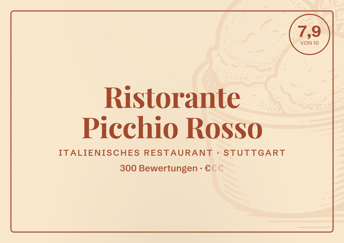 Illustriertes Poster von Ristorante Picchio Rosso, Italienisches Restaurant in Stuttgart: Bewertung 7,9 von 10 aus 300 Bewertungen, Preisniveau €