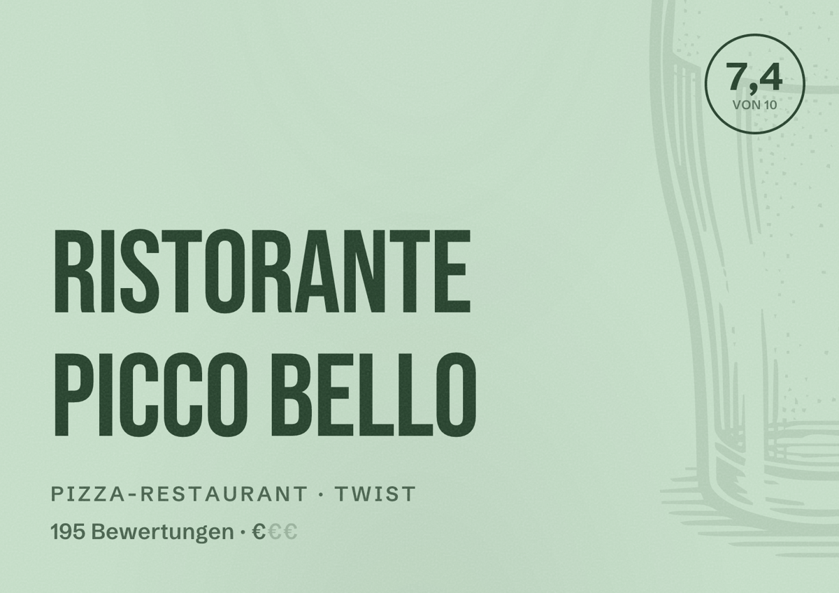 Illustriertes Poster von Ristorante Picco Bello, Pizza-Restaurant in Twist: Bewertung 7,4 von 10 aus 195 Bewertungen, Preisniveau €