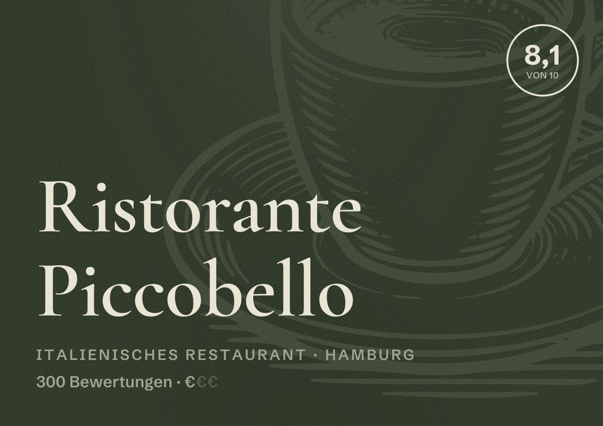 Illustriertes Poster von Ristorante Piccobello, Italienisches Restaurant in Hamburg: Bewertung 8,1 von 10 aus 300 Bewertungen, Preisniveau €