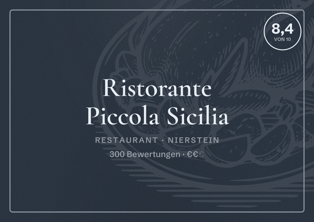 Illustriertes Poster von Ristorante Piccola Sicilia, Restaurant in Nierstein: Bewertung 8,4 von 10 aus 300 Bewertungen, Preisniveau €€