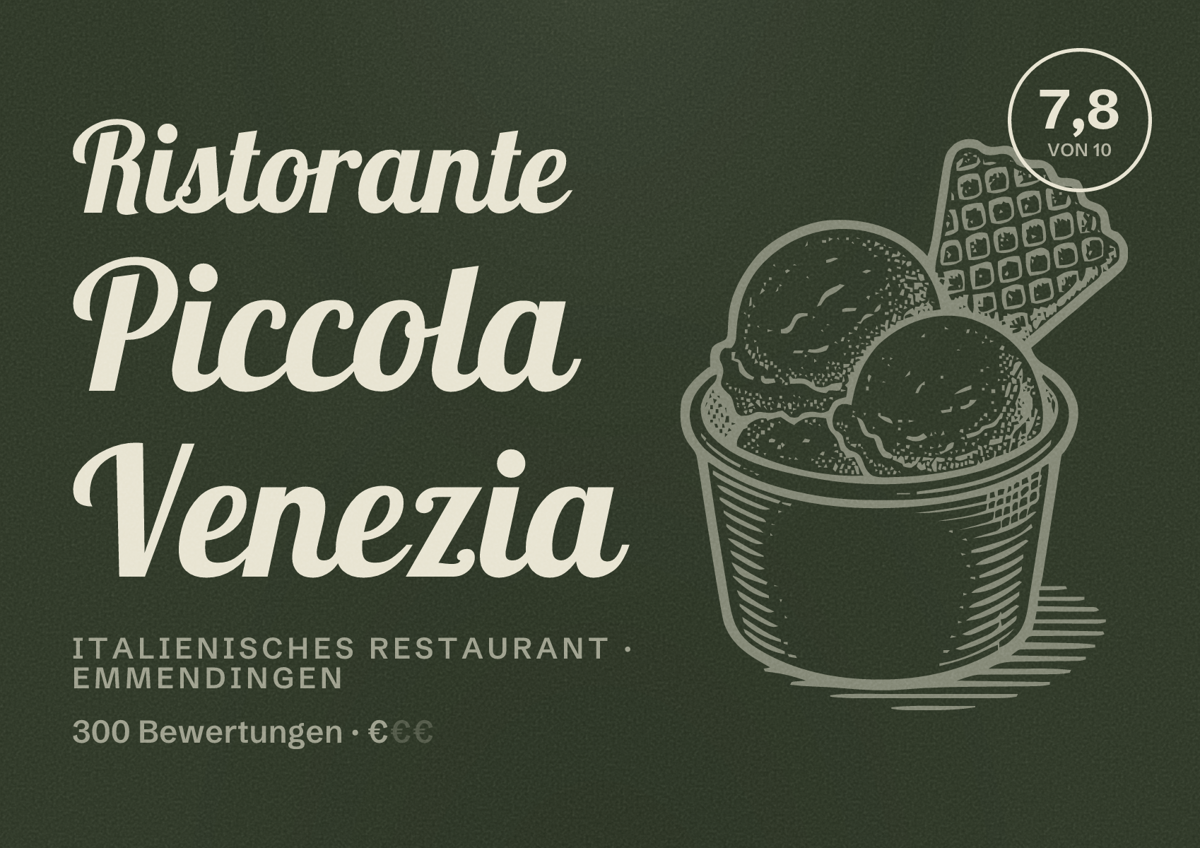 Illustriertes Poster von Ristorante Piccola Venezia, Italienisches Restaurant in Emmendingen: Bewertung 7,8 von 10 aus 300 Bewertungen, Preisniveau €