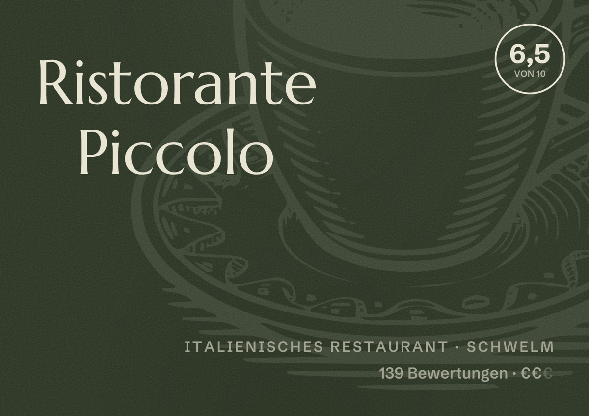 Illustriertes Poster von Ristorante Piccolo, Italienisches Restaurant in Schwelm: Bewertung 6,5 von 10 aus 139 Bewertungen, Preisniveau €€