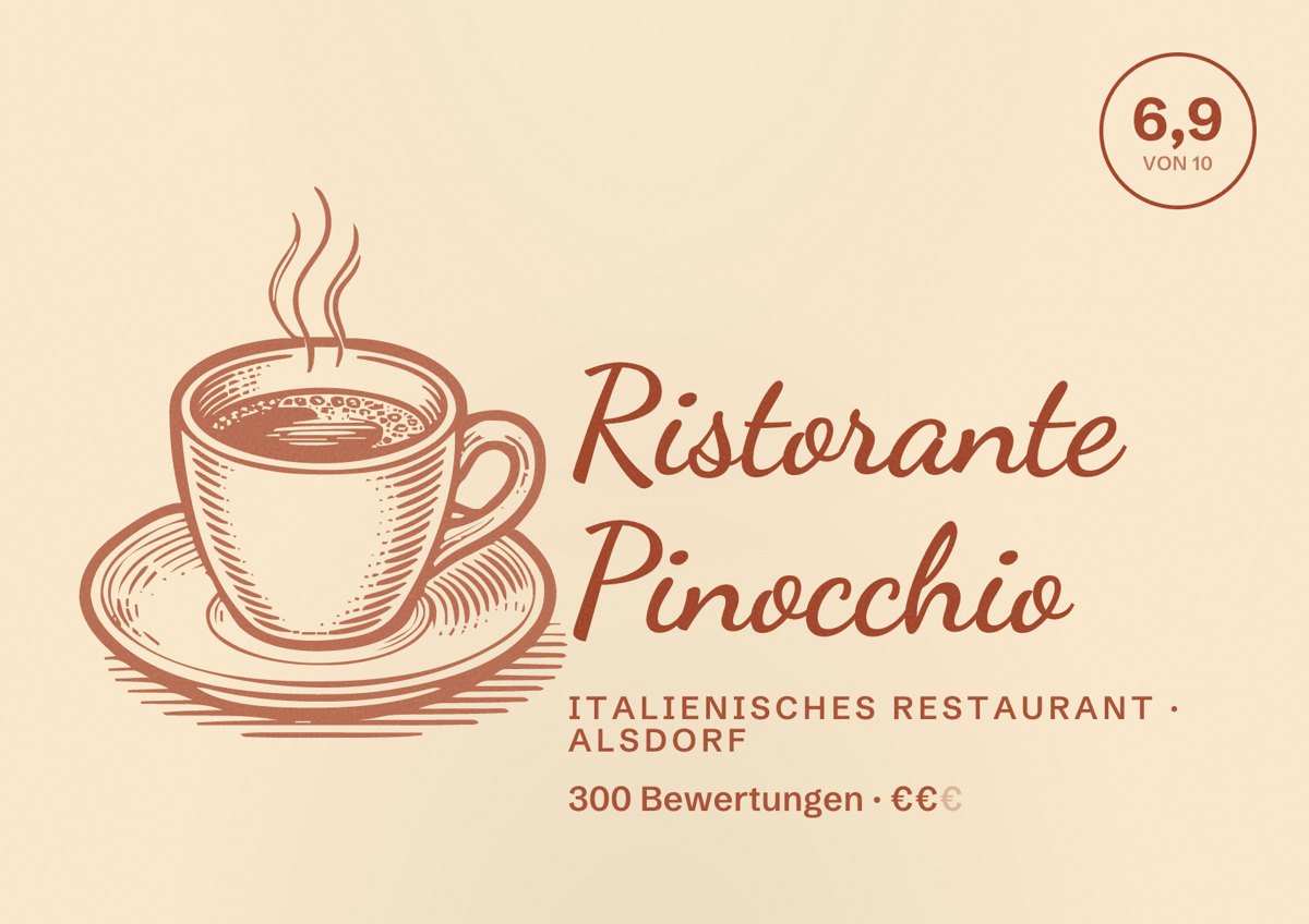 Illustriertes Poster von Ristorante Pinocchio, Italienisches Restaurant in Alsdorf: Bewertung 6,9 von 10 aus 300 Bewertungen, Preisniveau €€