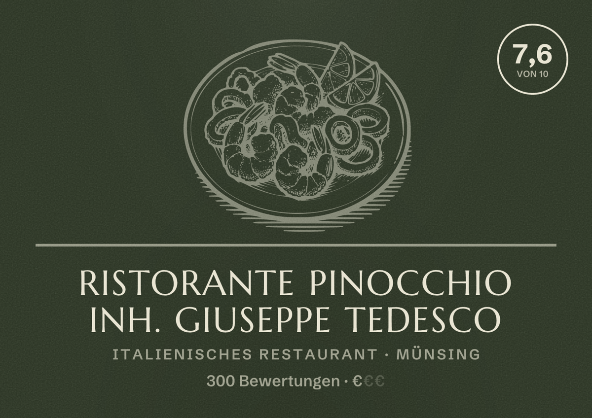 Illustriertes Poster von Ristorante Pinocchio Inh. Giuseppe Tedesco, Italienisches Restaurant in Münsing: Bewertung 7,6 von 10 aus 300 Bewertungen, Preisniveau €