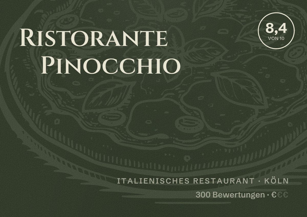 Illustriertes Poster von Ristorante Pinocchio, Italienisches Restaurant in Köln: Bewertung 8,4 von 10 aus 300 Bewertungen, Preisniveau €