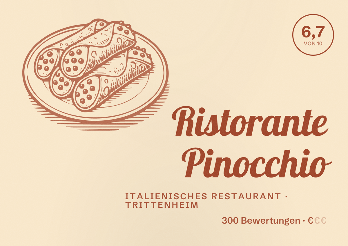 Illustriertes Poster von Ristorante Pinocchio, Italienisches Restaurant in Trittenheim: Bewertung 6,7 von 10 aus 300 Bewertungen, Preisniveau €