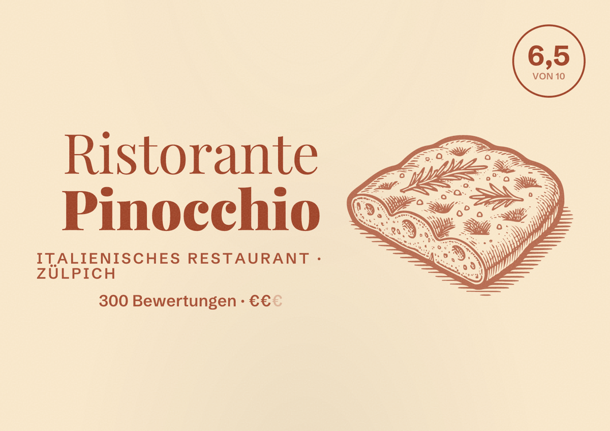 Illustriertes Poster von Ristorante Pinocchio, Italienisches Restaurant in Zülpich: Bewertung 6,5 von 10 aus 300 Bewertungen, Preisniveau €€
