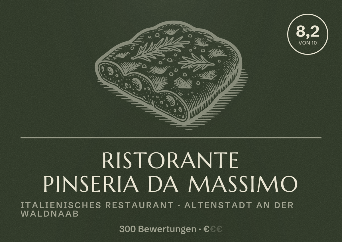 Illustriertes Poster von Ristorante Pinseria Da Massimo, Italienisches Restaurant in Altenstadt an der Waldnaab: Bewertung 8,2 von 10 aus 300 Bewertungen, Preisniveau €