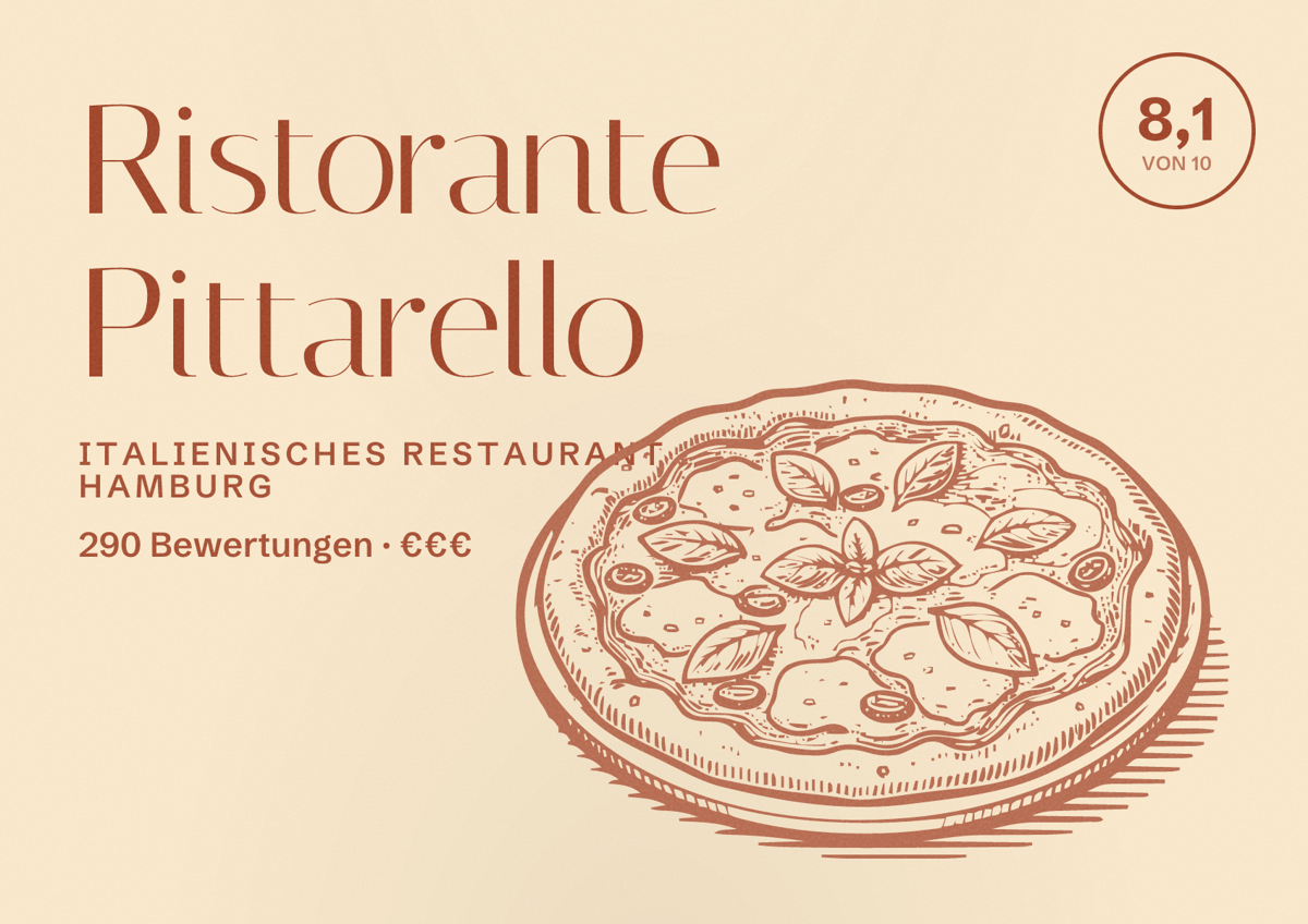 Illustriertes Poster von Ristorante Pittarello, Italienisches Restaurant in Hamburg: Bewertung 8,1 von 10 aus 290 Bewertungen, Preisniveau €€€