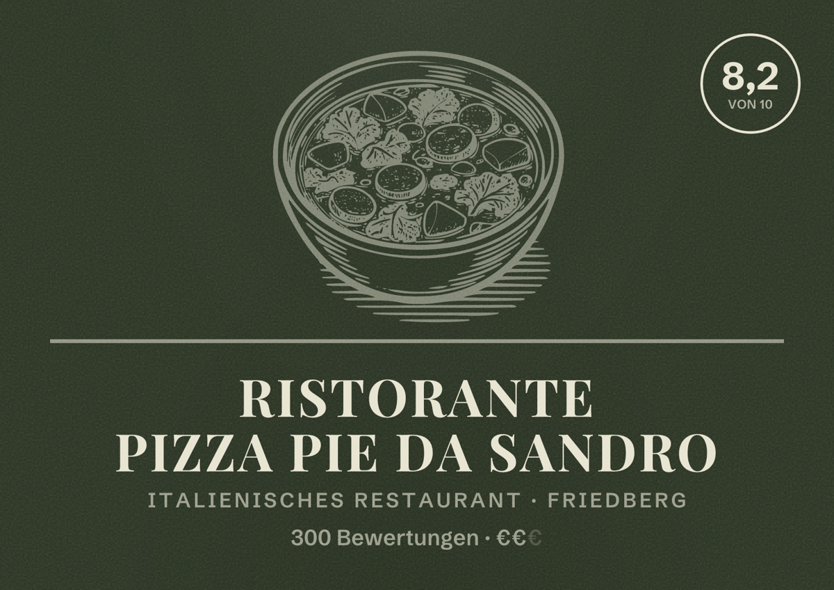Illustriertes Poster von Ristorante Pizza Pie da Sandro, Italienisches Restaurant in Friedberg: Bewertung 8,2 von 10 aus 300 Bewertungen, Preisniveau €€