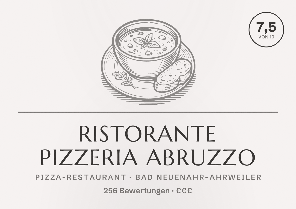 Illustriertes Poster von Ristorante Pizzeria Abruzzo, Pizza-Restaurant in Bad Neuenahr-Ahrweiler: Bewertung 7,5 von 10 aus 256 Bewertungen, Preisniveau €€€