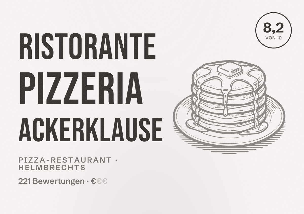 Illustriertes Poster von Ristorante Pizzeria Ackerklause, Pizza-Restaurant in Helmbrechts: Bewertung 8,2 von 10 aus 221 Bewertungen, Preisniveau €
