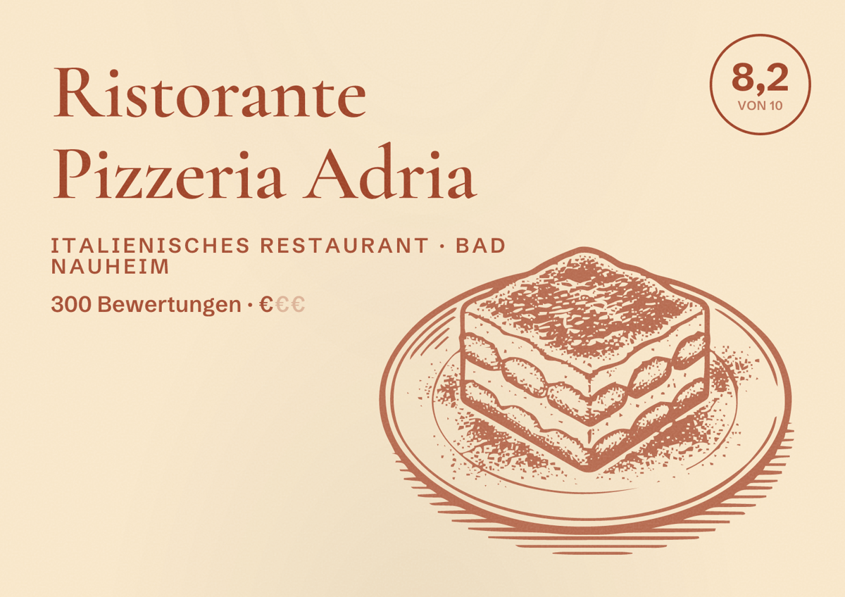 Illustriertes Poster von Ristorante Pizzeria Adria, Italienisches Restaurant in Bad Nauheim: Bewertung 8,2 von 10 aus 300 Bewertungen, Preisniveau €