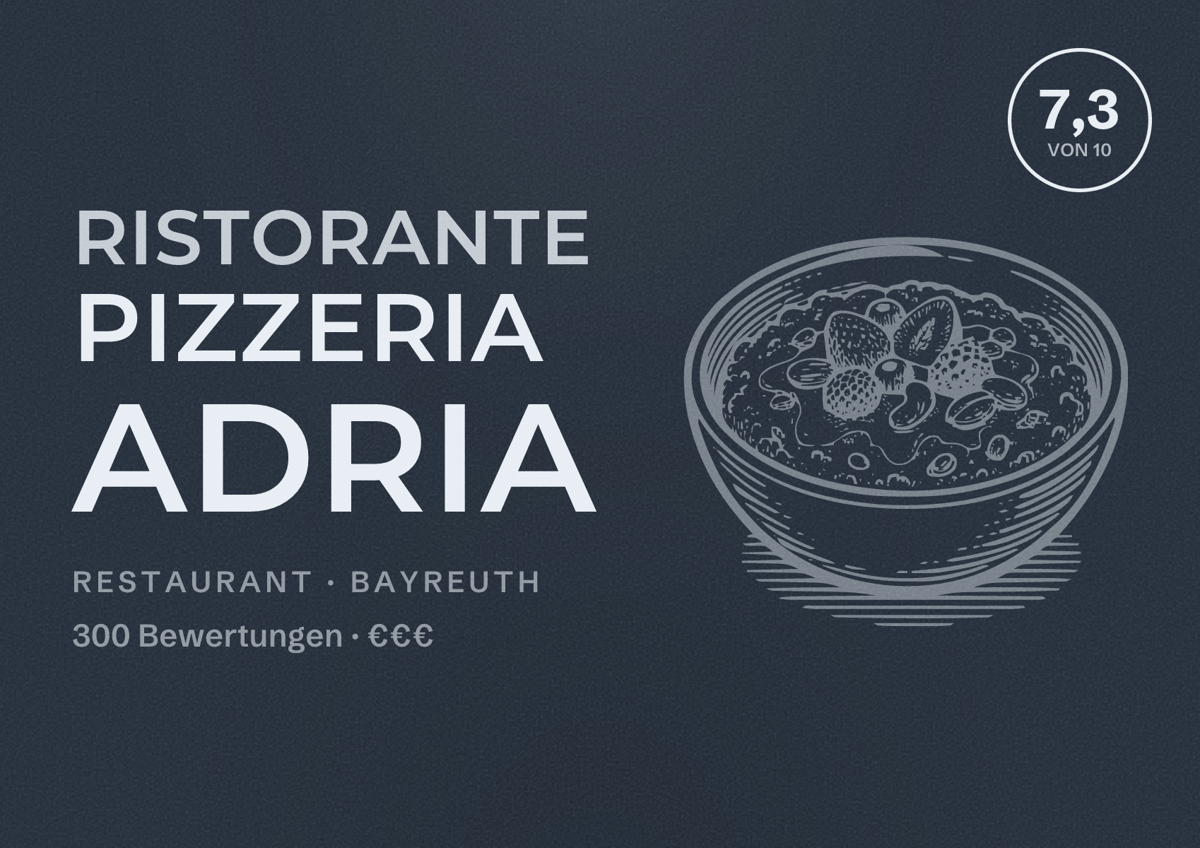 Illustriertes Poster von Ristorante Pizzeria Adria, Restaurant in Bayreuth: Bewertung 7,3 von 10 aus 300 Bewertungen, Preisniveau €€€