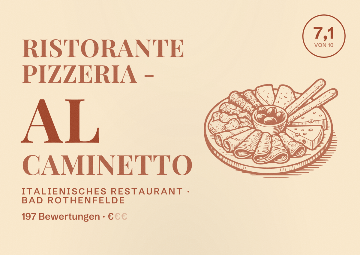 Illustriertes Poster von Ristorante Pizzeria - Al Caminetto, Italienisches Restaurant in Bad Rothenfelde: Bewertung 7,1 von 10 aus 197 Bewertungen, Preisniveau €