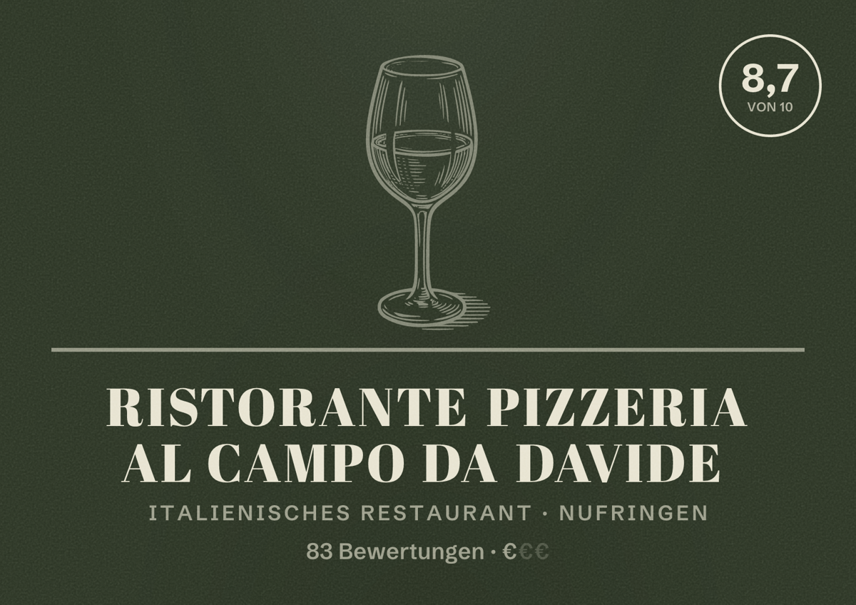 Illustriertes Poster von Ristorante Pizzeria Al Campo da Davide, Italienisches Restaurant in Nufringen: Bewertung 8,7 von 10 aus 83 Bewertungen, Preisniveau €