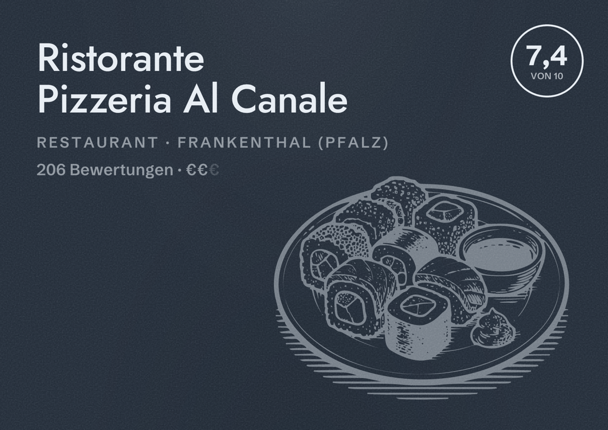 Illustriertes Poster von Ristorante Pizzeria Al Canale, Restaurant in Frankenthal (Pfalz): Bewertung 7,4 von 10 aus 206 Bewertungen, Preisniveau €€