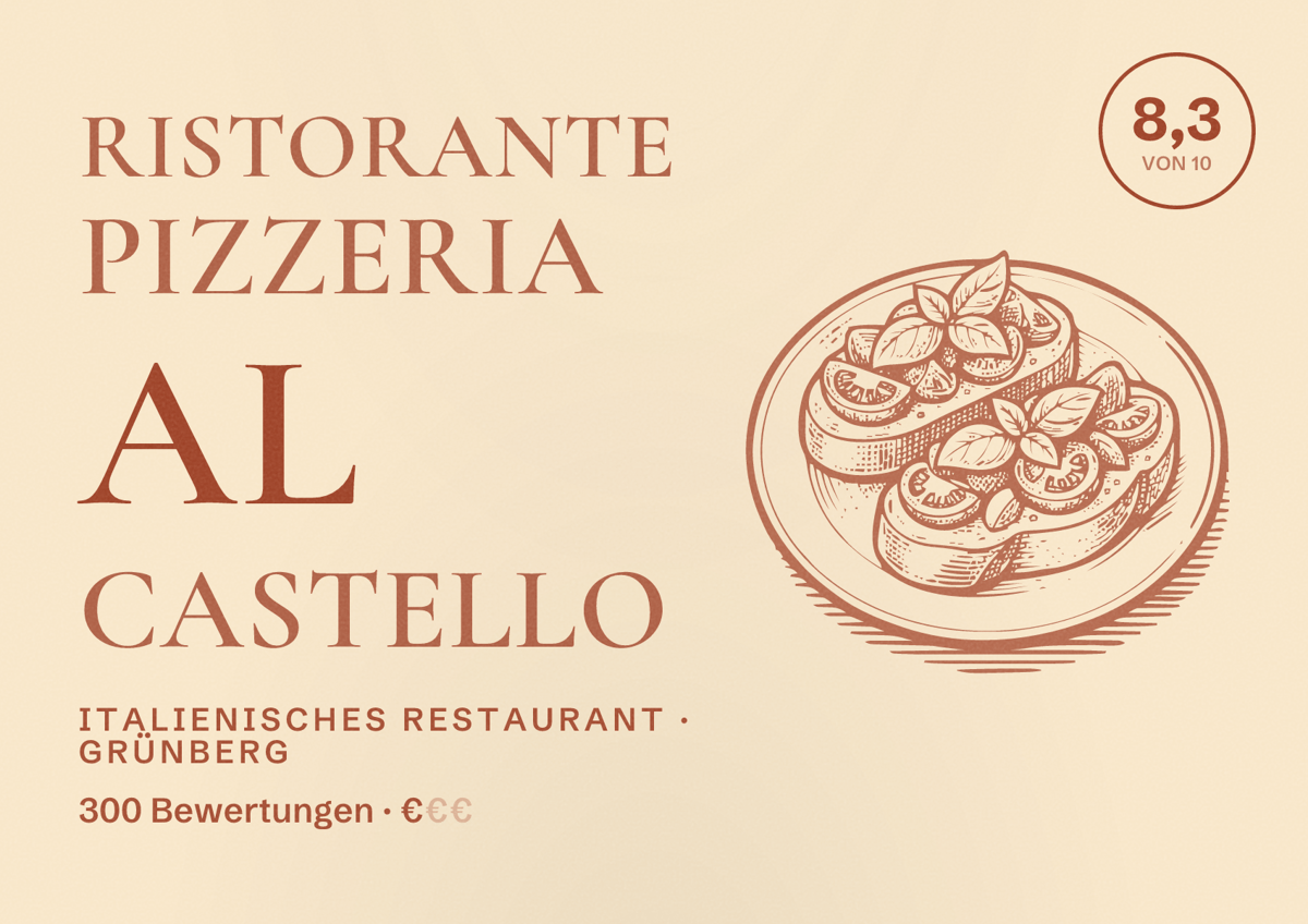 Illustriertes Poster von Ristorante Pizzeria Al Castello, Italienisches Restaurant in Grünberg: Bewertung 8,3 von 10 aus 300 Bewertungen, Preisniveau €