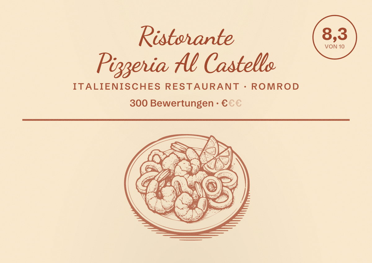 Illustriertes Poster von Ristorante Pizzeria Al Castello, Italienisches Restaurant in Romrod: Bewertung 8,3 von 10 aus 300 Bewertungen, Preisniveau €