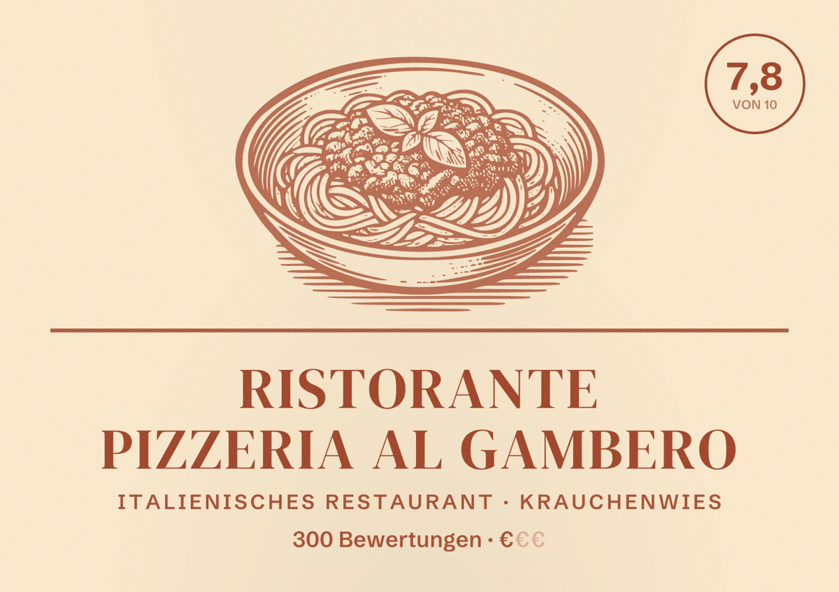Illustriertes Poster von Ristorante Pizzeria Al Gambero, Italienisches Restaurant in Krauchenwies: Bewertung 7,8 von 10 aus 300 Bewertungen, Preisniveau €