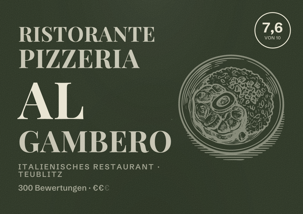 Illustriertes Poster von Ristorante Pizzeria Al Gambero, Italienisches Restaurant in Teublitz: Bewertung 7,6 von 10 aus 300 Bewertungen, Preisniveau €€