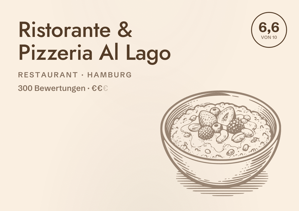 Illustriertes Poster von Ristorante & Pizzeria Al Lago, Restaurant in Hamburg: Bewertung 6,6 von 10 aus 300 Bewertungen, Preisniveau €€
