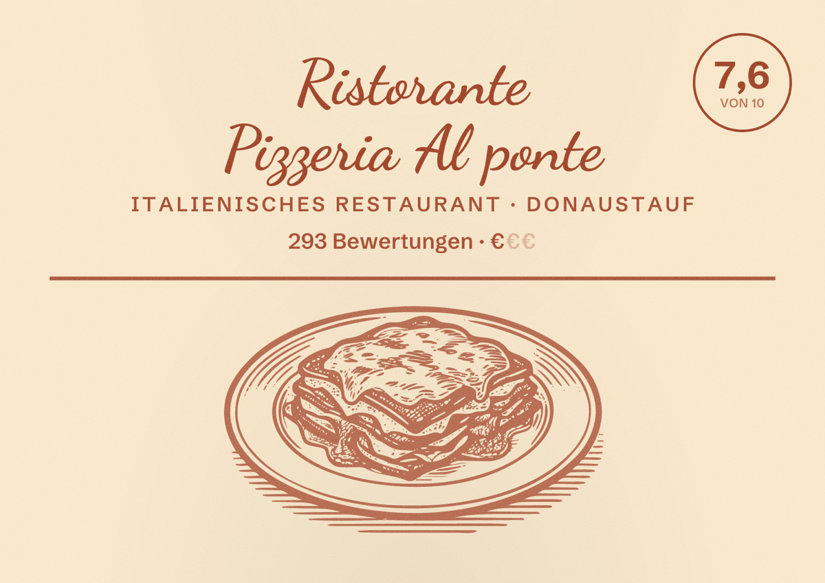 Illustriertes Poster von Ristorante Pizzeria Al ponte, Italienisches Restaurant in Donaustauf: Bewertung 7,6 von 10 aus 293 Bewertungen, Preisniveau €