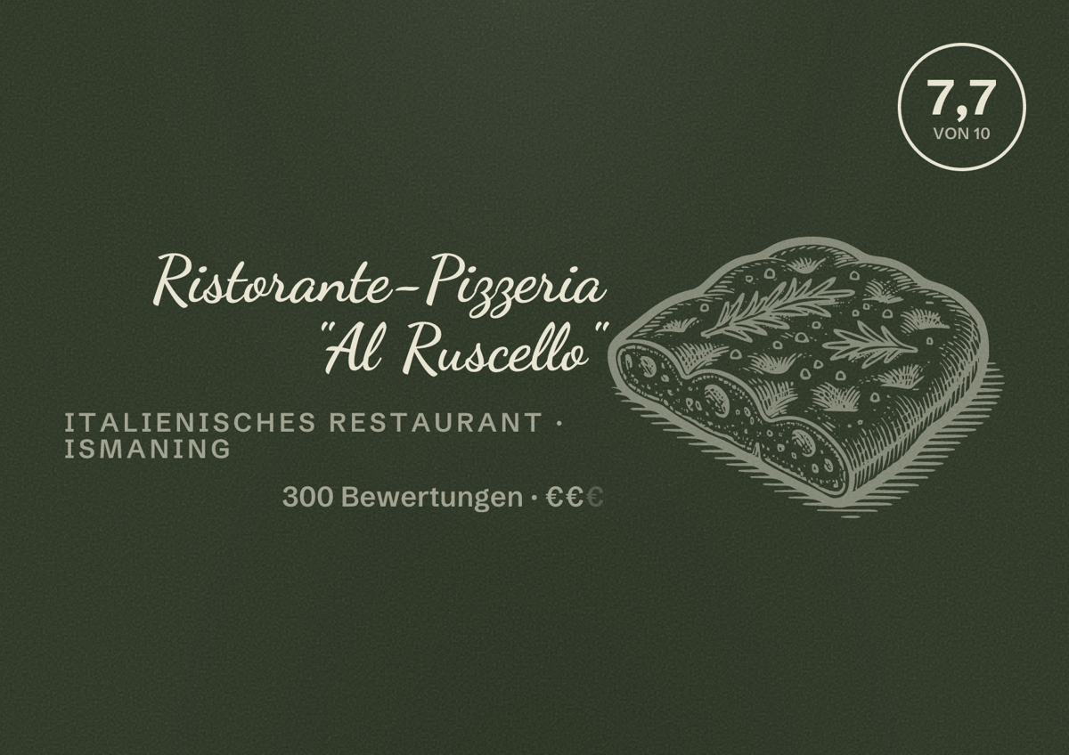 Illustriertes Poster von Ristorante-Pizzeria "Al Ruscello", Italienisches Restaurant in Ismaning: Bewertung 7,7 von 10 aus 300 Bewertungen, Preisniveau €€