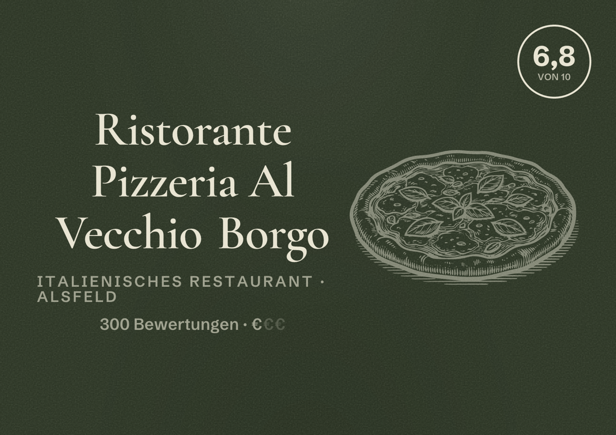 Illustriertes Poster von Ristorante Pizzeria Al Vecchio Borgo, Italienisches Restaurant in Alsfeld: Bewertung 6,8 von 10 aus 300 Bewertungen, Preisniveau €