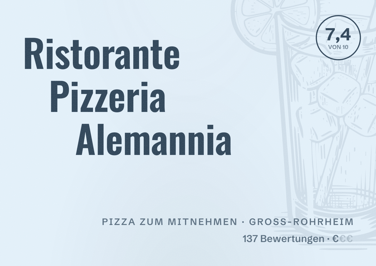 Illustriertes Poster von Ristorante Pizzeria Alemannia, Pizza zum Mitnehmen in Groß-Rohrheim: Bewertung 7,4 von 10 aus 137 Bewertungen, Preisniveau €