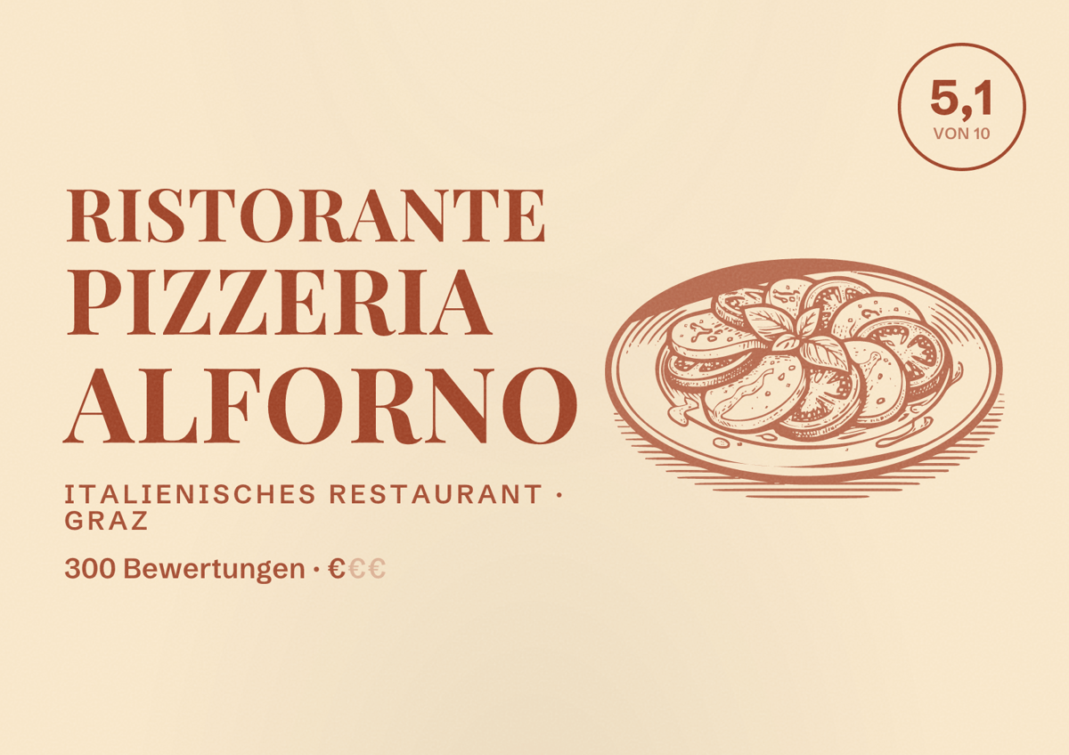 Illustriertes Poster von Ristorante Pizzeria Alforno, Italienisches Restaurant in Graz: Bewertung 5,1 von 10 aus 300 Bewertungen, Preisniveau €