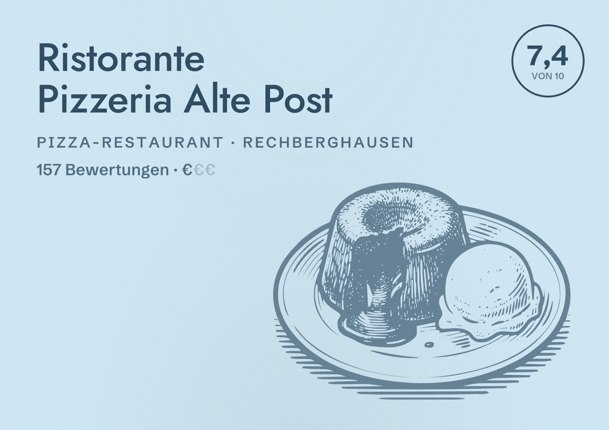Illustriertes Poster von Ristorante Pizzeria Alte Post, Pizza-Restaurant in Rechberghausen: Bewertung 7,4 von 10 aus 157 Bewertungen, Preisniveau €