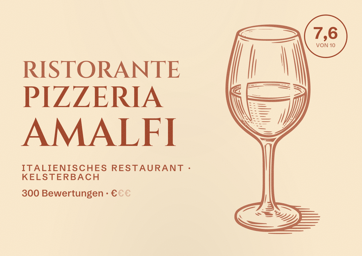 Illustriertes Poster von Ristorante Pizzeria Amalfi, Italienisches Restaurant in Kelsterbach: Bewertung 7,6 von 10 aus 300 Bewertungen, Preisniveau €