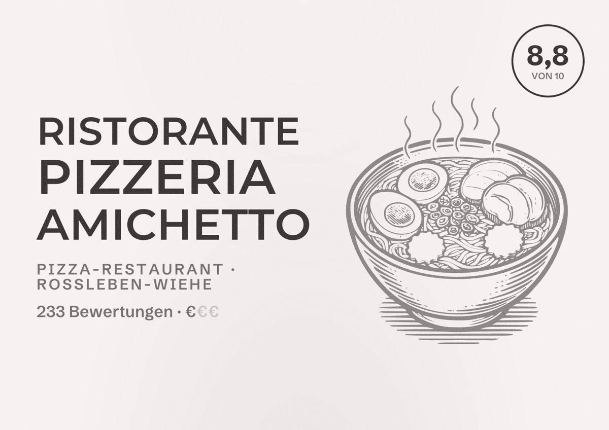 Illustriertes Poster von Ristorante Pizzeria Amichetto, Pizza-Restaurant in Roßleben-Wiehe: Bewertung 8,8 von 10 aus 233 Bewertungen, Preisniveau €