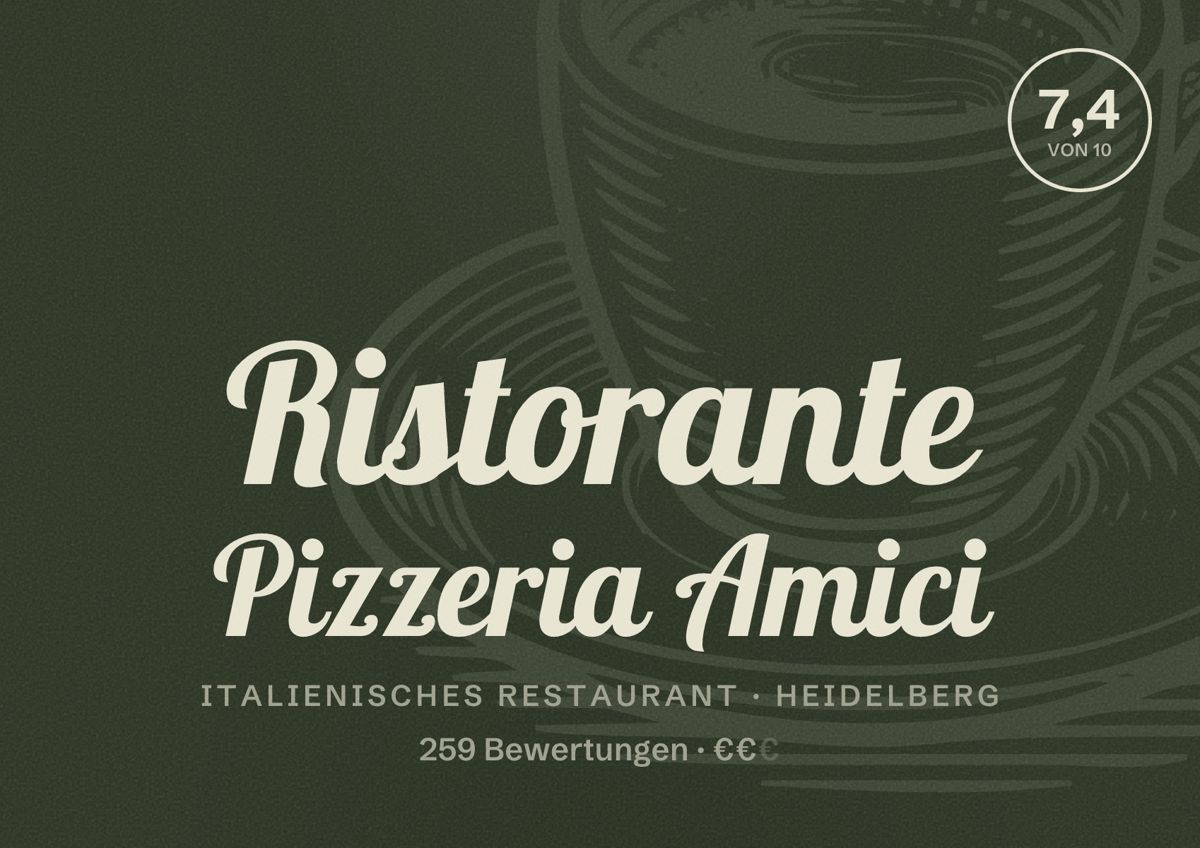 Illustriertes Poster von Ristorante Pizzeria Amici, Italienisches Restaurant in Heidelberg: Bewertung 7,4 von 10 aus 259 Bewertungen, Preisniveau €€