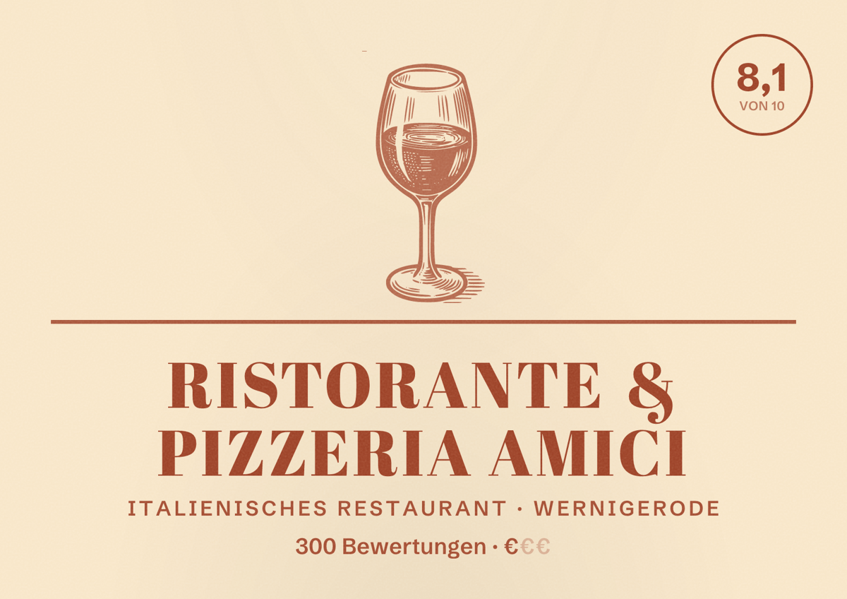Illustriertes Poster von Ristorante & Pizzeria Amici, Italienisches Restaurant in Wernigerode: Bewertung 8,1 von 10 aus 300 Bewertungen, Preisniveau €
